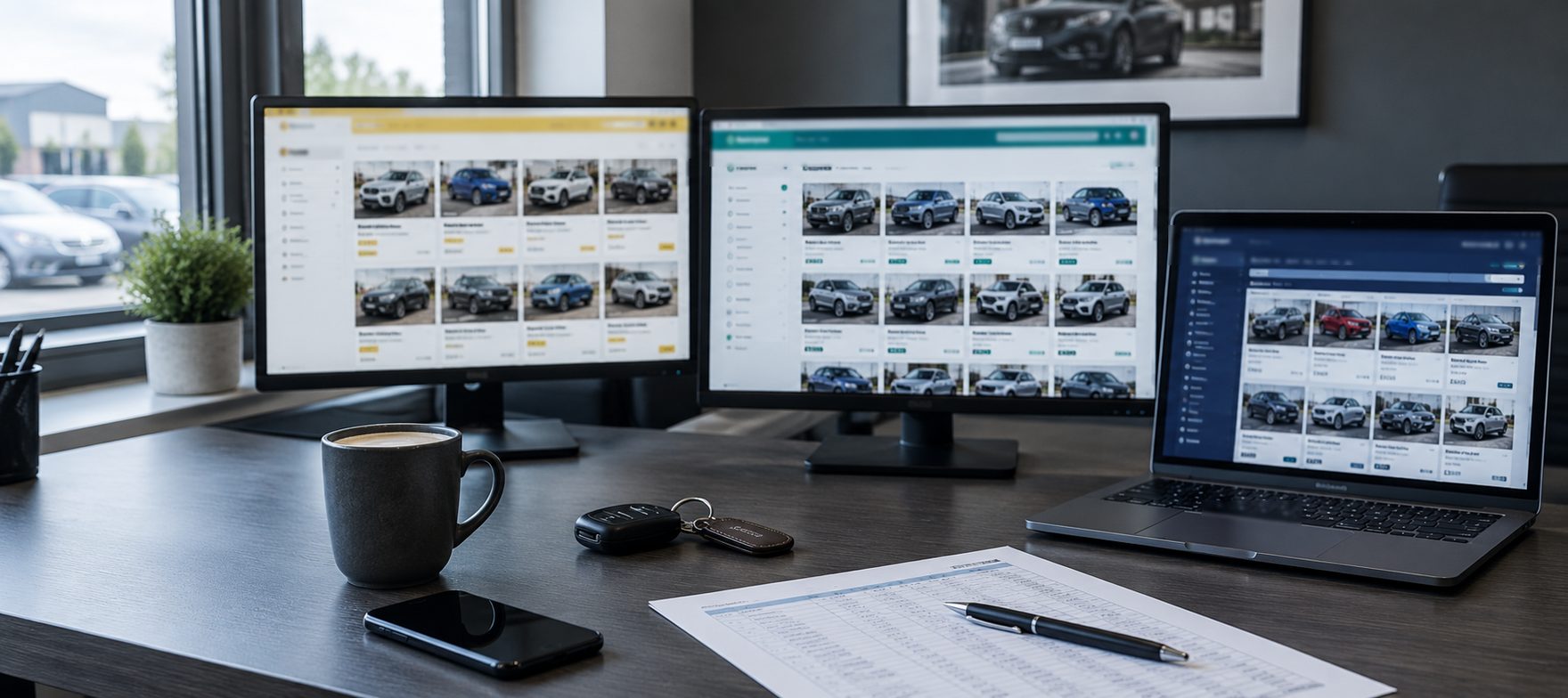 A dealer's desk with three online car auctions open on two monitors and a laptop, car keys and a printed bid list